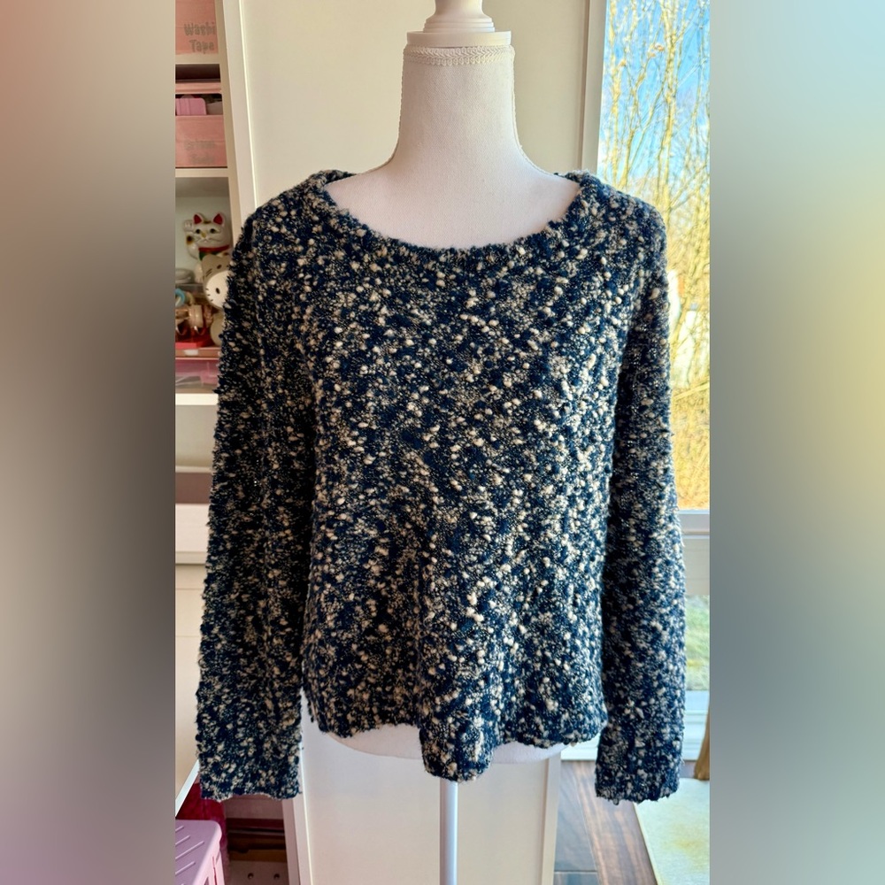 Rag & Bone Bouclé Merino Wool Sweater Hi-Low Hem Blue/White Size M